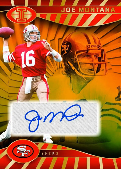 Joe Montana football card from 2024 Panini Illusions Football Hobby with illusions football patches