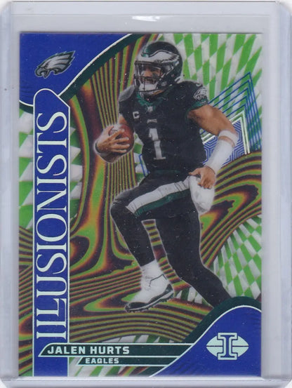 Jalen Hurts football trading card in protective sleeve from Panini Illusions Illusionists Sapphire