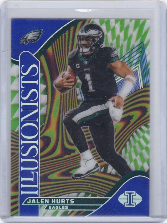 Jalen Hurts football trading card in protective sleeve from Panini Illusions Illusionists Sapphire