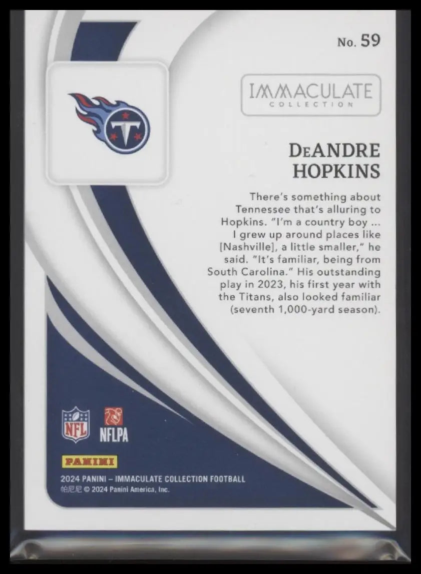 Back of a DeAndre Hopkins football trading card from Panini Immaculate Collection