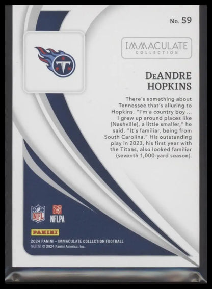 Back of a DeAndre Hopkins football trading card from Panini Immaculate Collection