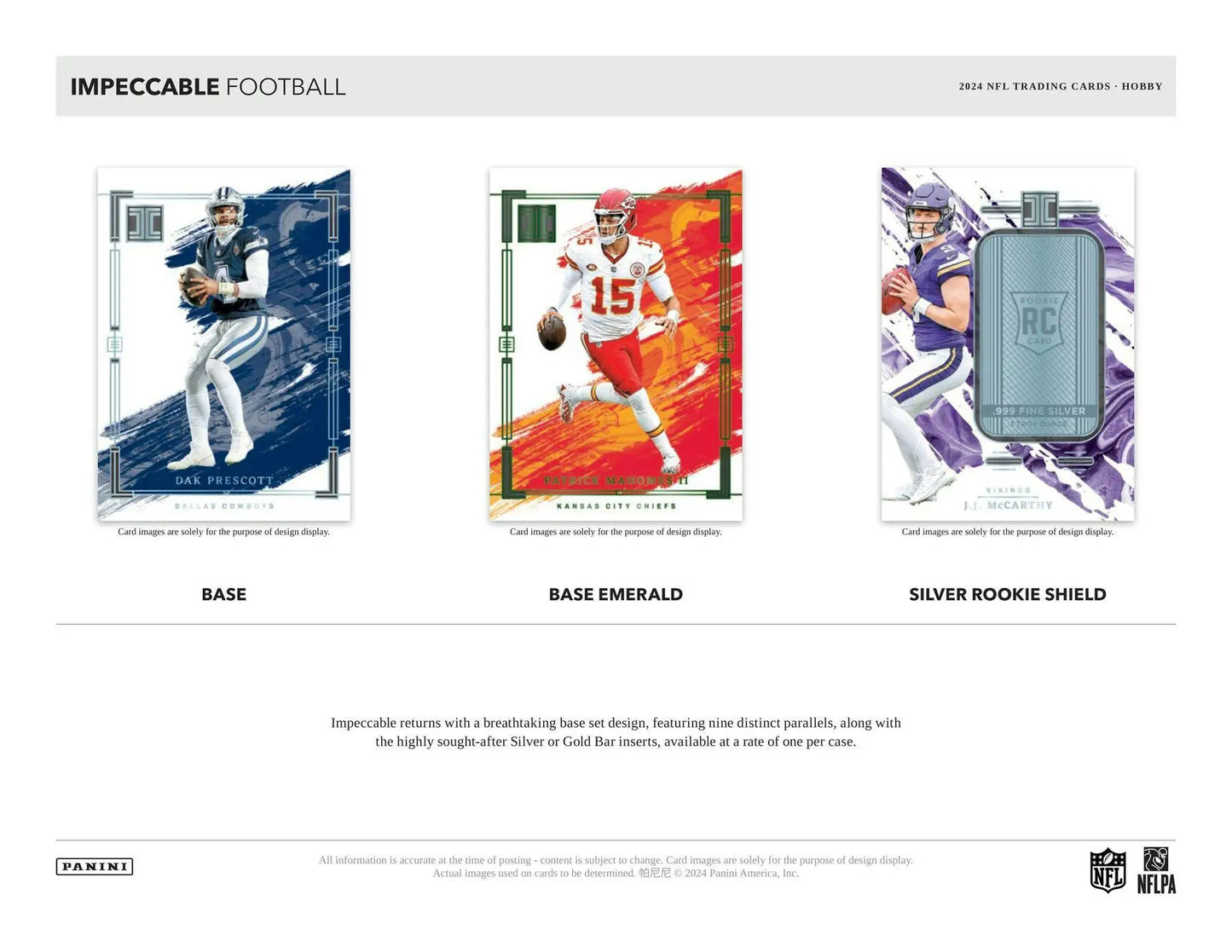 Football trading cards from 2024 Panini Impeccable Football Hobby Box with six autographs and three base parallels