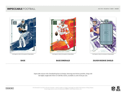 Football trading cards from 2024 Panini Impeccable Football Hobby Box with six autographs and three base parallels