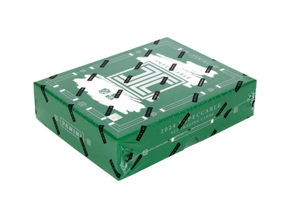 Sealed green trading card box from 2024 Panini Impeccable Football with six autographs