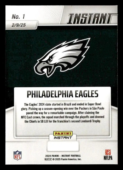 Philadelphia Eagles Super Bowl LIX champions football card from 2024 Panini Instant set
