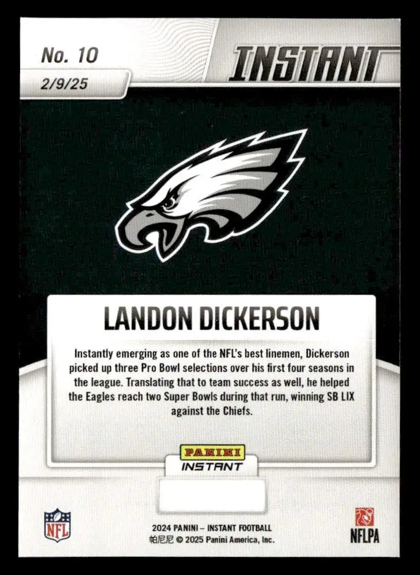 Landon Dickerson football card from 2024 Panini Instant Eagles Super Bowl LIX Champions