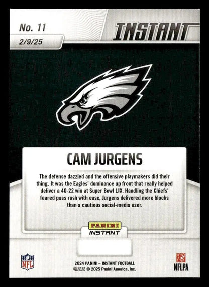 Cam Jurgens Eagles Super Bowl LIX Champions football card from 2024 Panini Instant