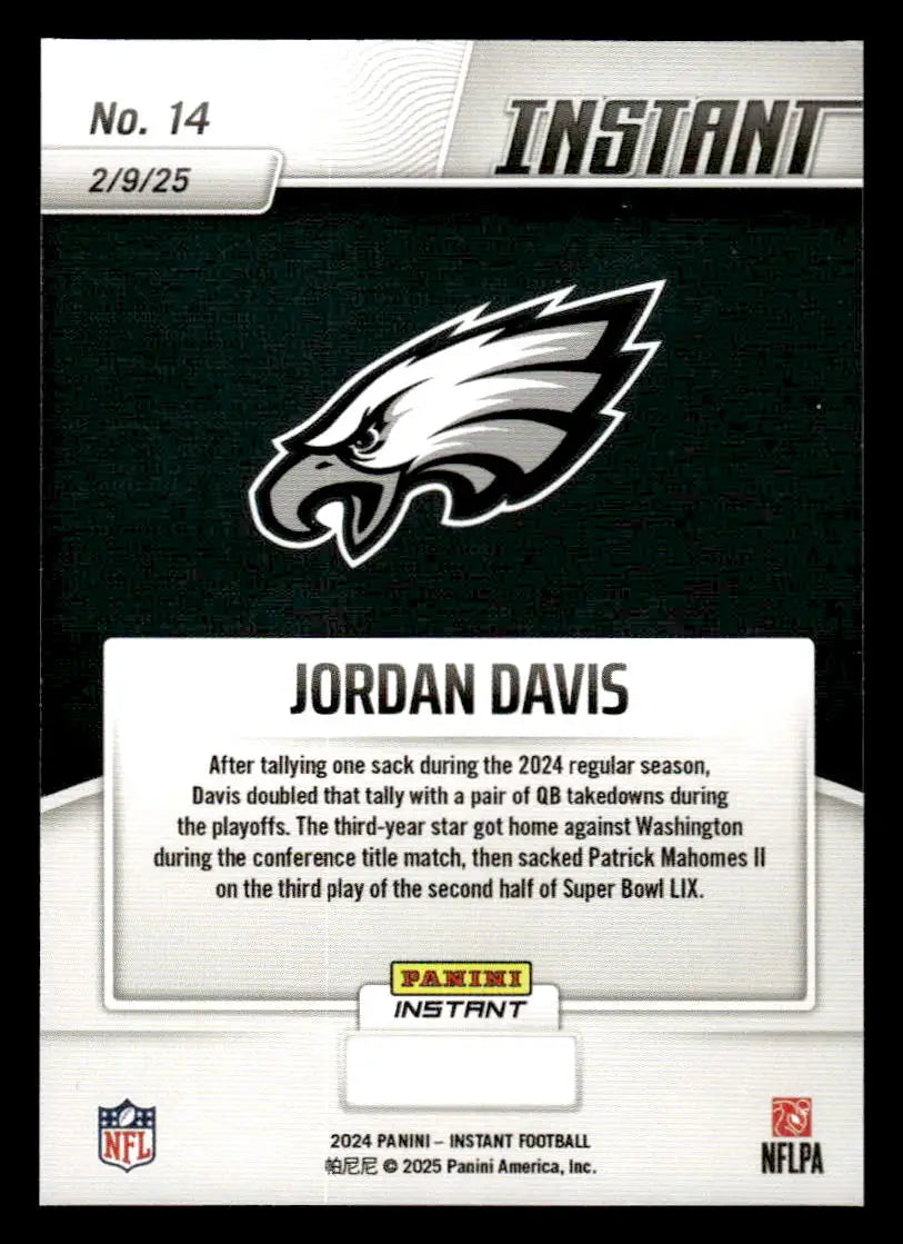 Jordan Davis football card from 2024 Panini Instant Eagles Super Bowl LIX Champions