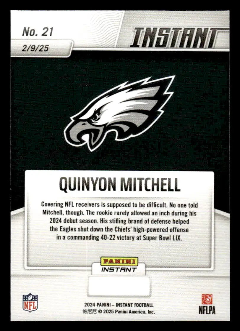 Quinyon Mitchell Eagles Super Bowl LIX Champions football card in 2024 Panini Instant product