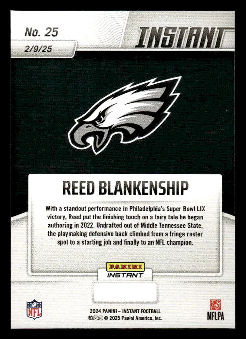 Reed Blankenship football card from the 2024 Panini Instant Eagles Super Bowl LIX Champions