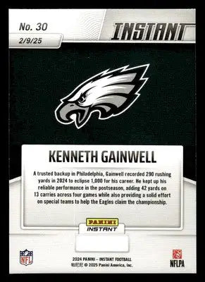 Back of a 2024 Panini Instant Eagles Super Bowl LIX Kenneth Gainwell trading card