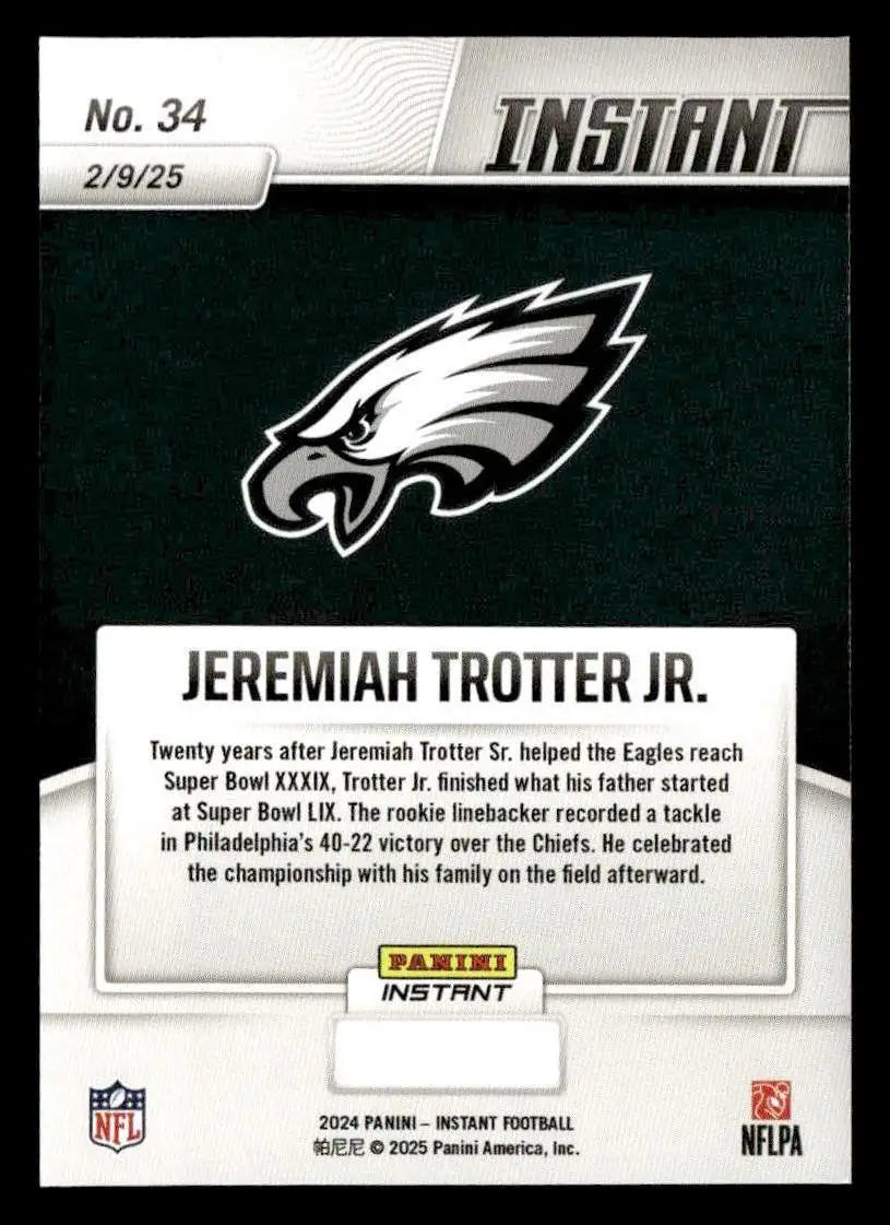 Football card featuring Jeremiah Trotter from the Eagles Super Bowl LIX Champions series