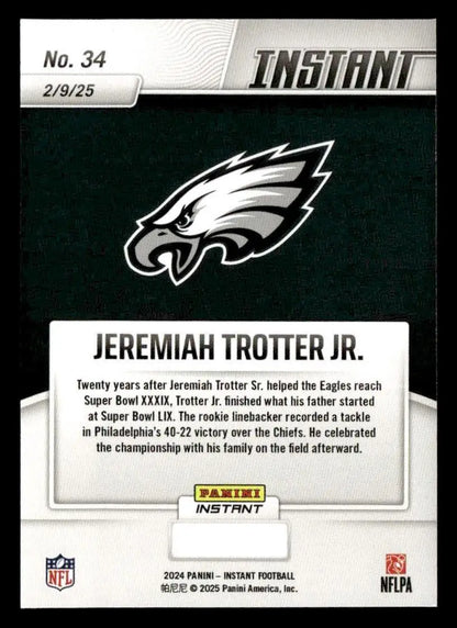 Football card featuring Jeremiah Trotter from the Eagles Super Bowl LIX Champions series