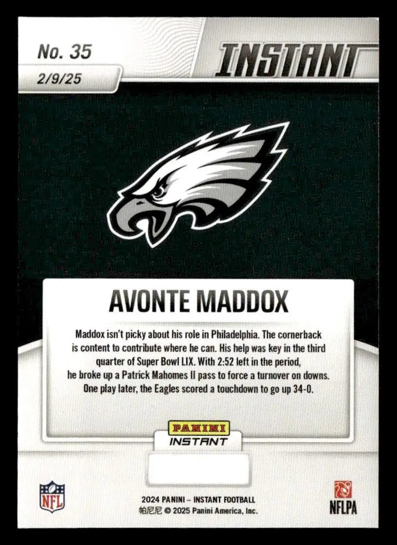 Avonte Maddox Eagles Super Bowl LIX Champions football card from 2024 Panini Instant