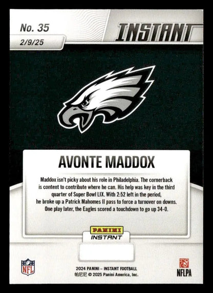 Avonte Maddox Eagles Super Bowl LIX Champions football card from 2024 Panini Instant