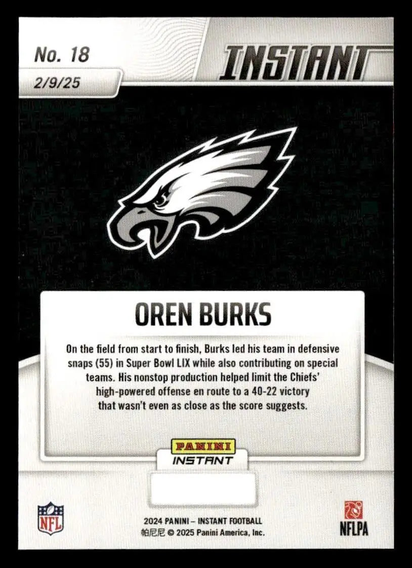 Oren Burks football card from Panini Instant Philadelphia Eagles Super Bowl LIX Champs