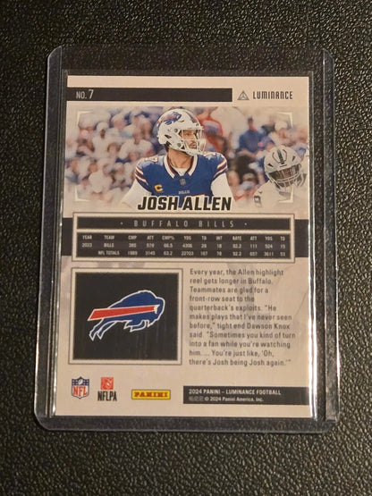 Josh Allen Buffalo Bills football card in protective sleeve from 2024 Panini Luminance
