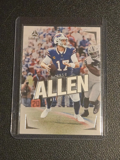 Football trading card featuring Josh Allen in Buffalo Bills uniform from Panini Luminance 2024