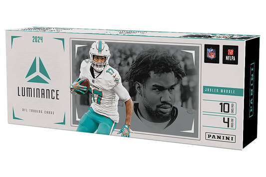 2024 Panini Luminance Football Hobby Box with Miami Dolphins trading cards displayed