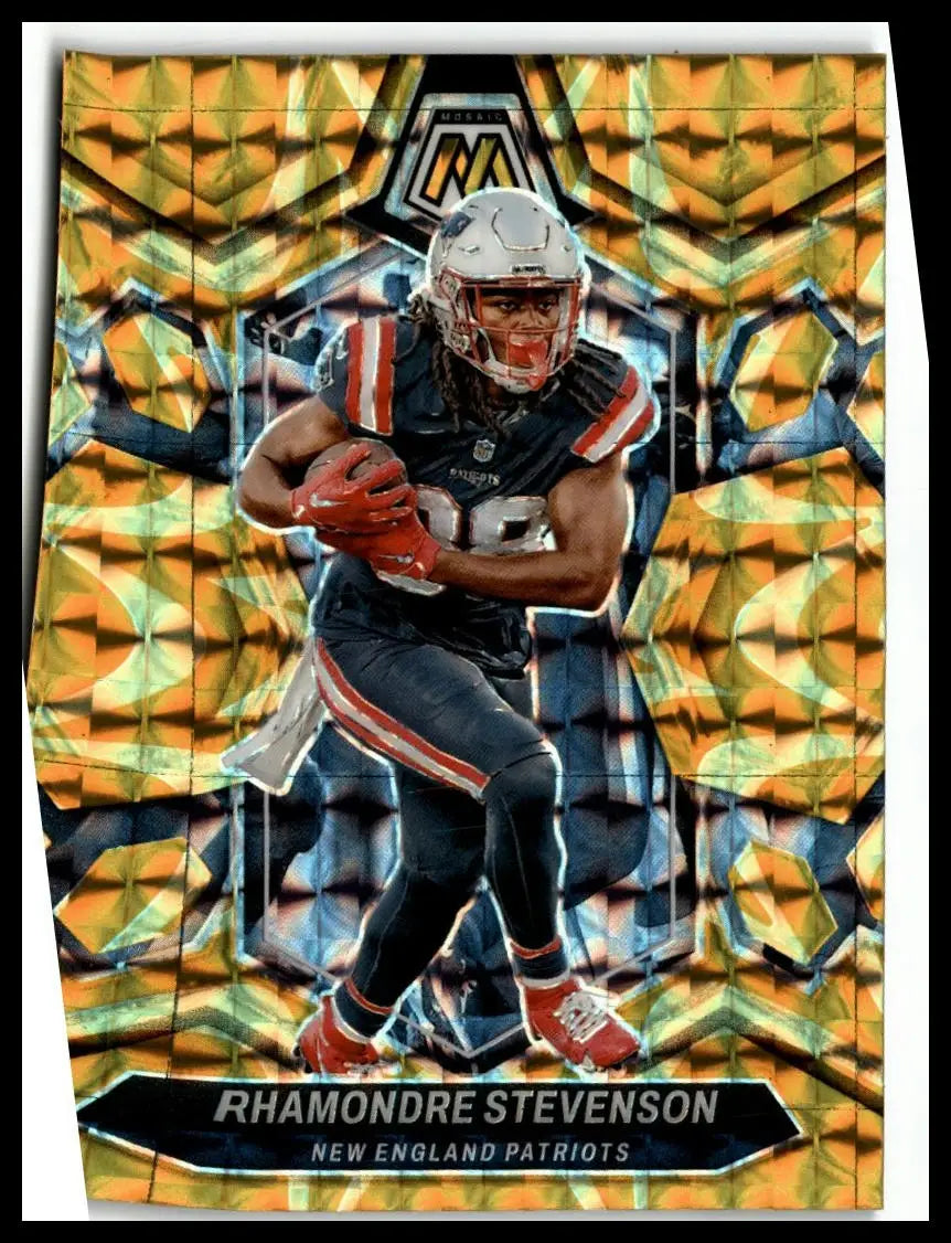 Football trading card of Rhamondre Stevenson from 2024 Panini Mosaic Stevenson Mosaic Reactive Yellow