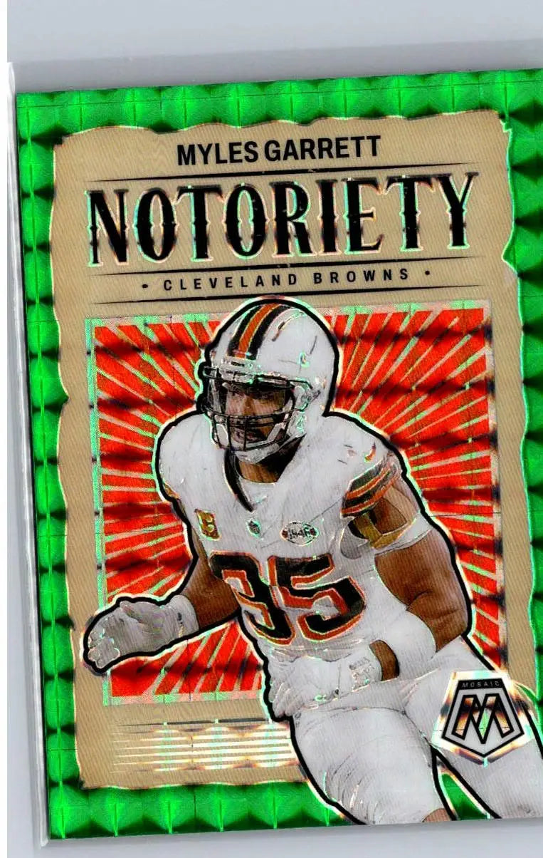 Myles Garrett Notoriety trading card from 2024 Panini Mosaic Garrett Notoriety Mosaic