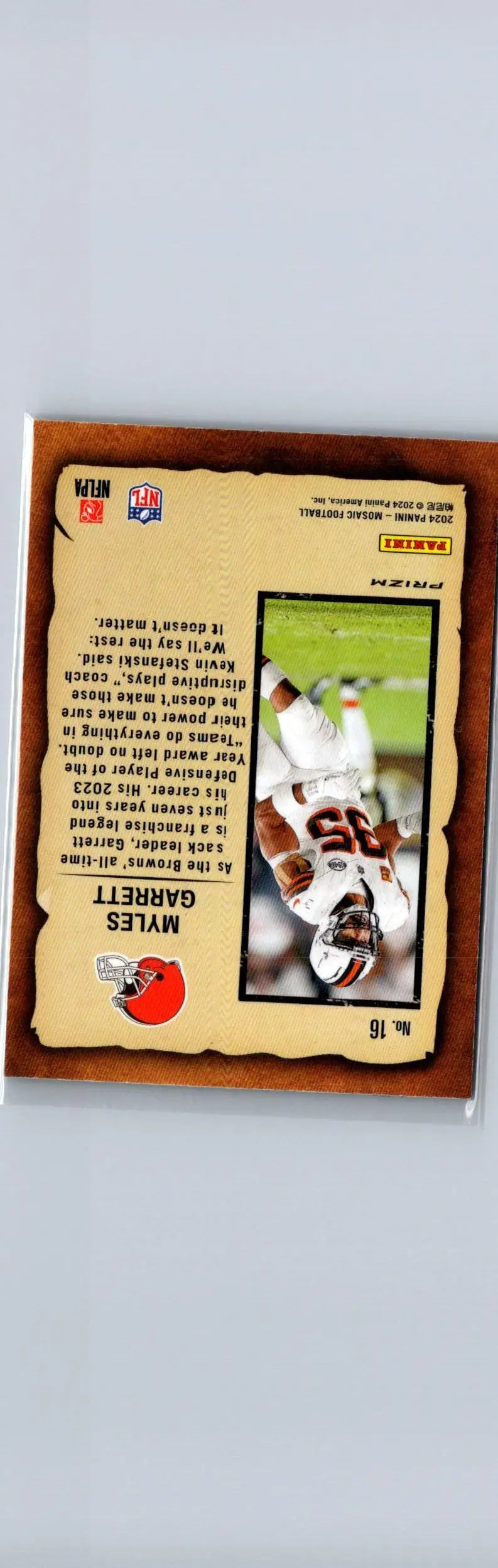 Collectible football trading card featuring Myles Garrett from 2024 Panini Mosaic Garrett Notoriety Mosaic