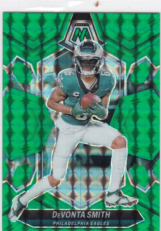 Green mosaic-patterned Devonta Smith football trading card from 2024 Panini Mosaic Smith Green Prizm Philadelphia Eagles