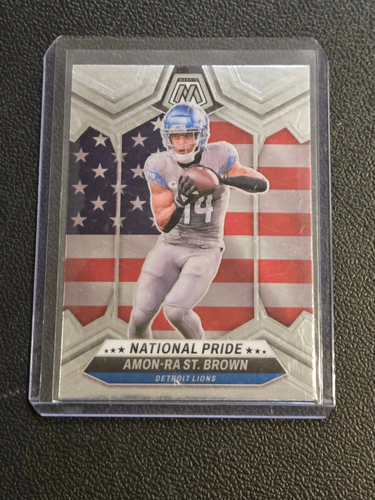 Panini Mosaic National Pride Amon-Ra St. Brown football card in clear case