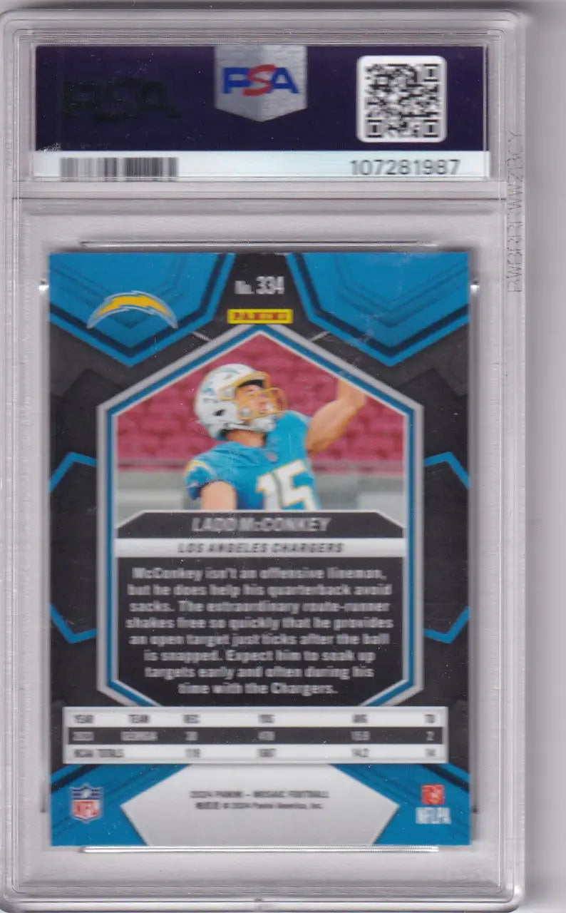 Graded Ladd McConkey PSA football card from Los Angeles Chargers Panini Mosaic series