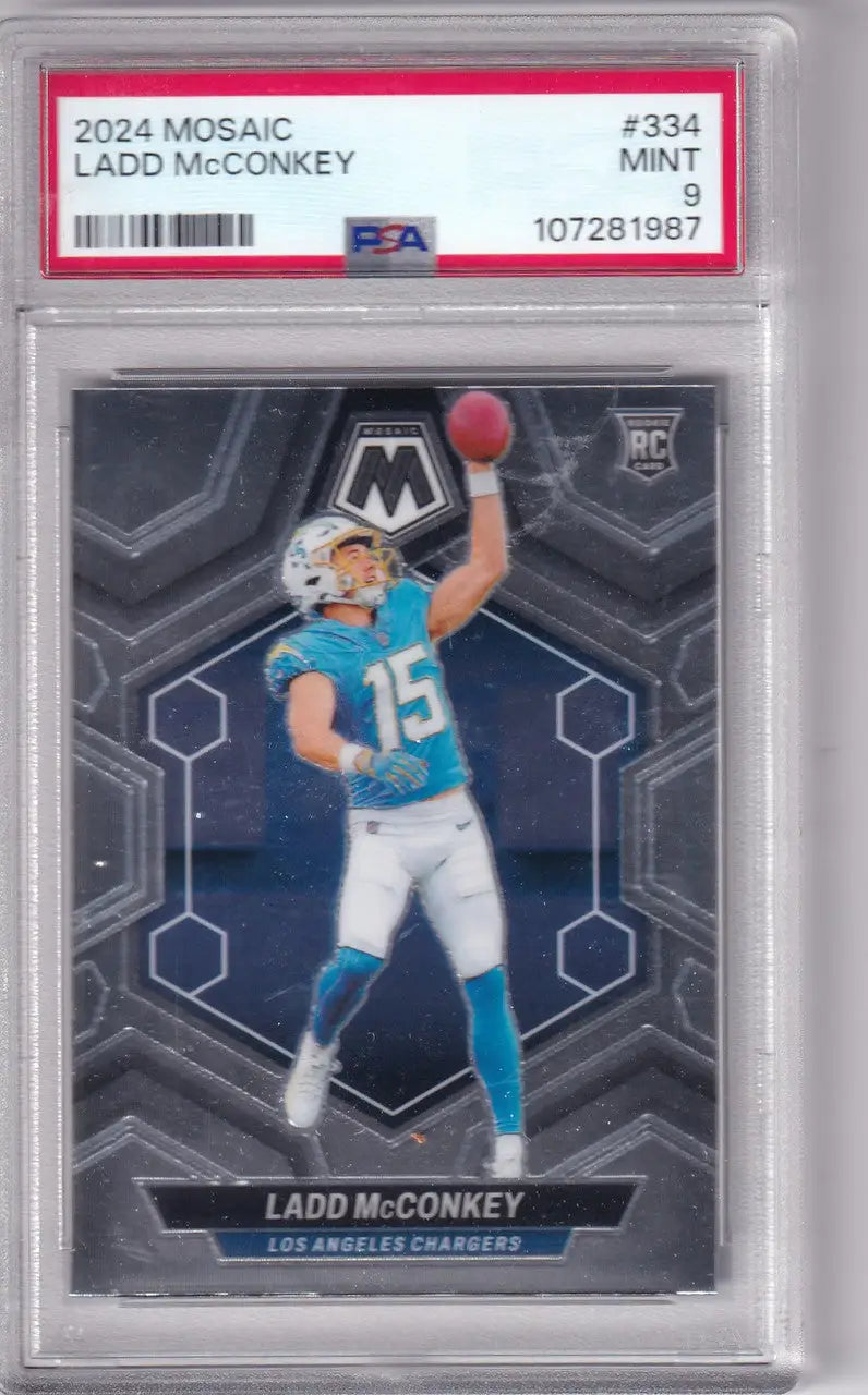 Graded Ladd McConkey football card PSA 9 from Panini Mosaic Los Angeles Chargers
