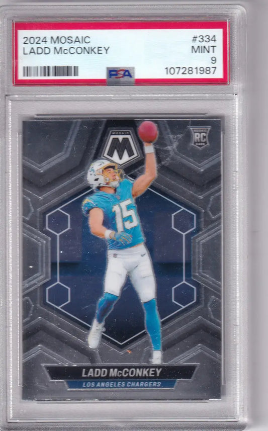 Graded Ladd McConkey football card PSA 9 from Panini Mosaic Los Angeles Chargers