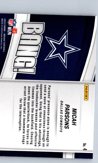 Back of a Micah Parsons football trading card from 2024 Panini Mosaic Micah Parsons Bang