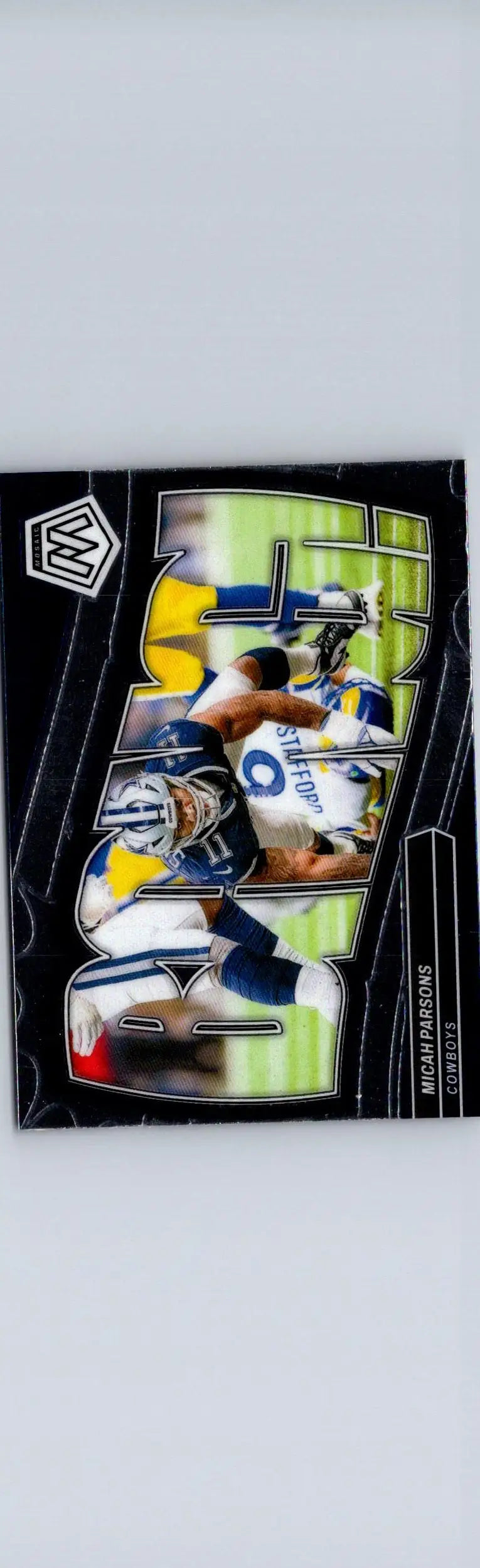 Football trading card featuring Matthew Stafford and Micah Parsons from Panini Mosaic Micah Parsons Bang series