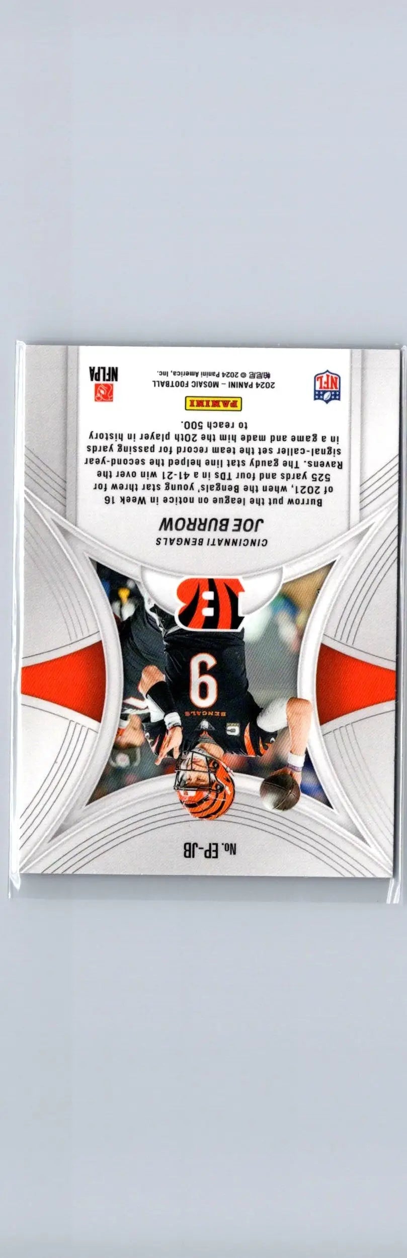 Joe Burrow Epic Performers football trading card from 2024 Panini Mosaic series