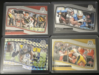 Four Football Trading Cards from the 2024 Panini Mosaic Football Bang Complete Set