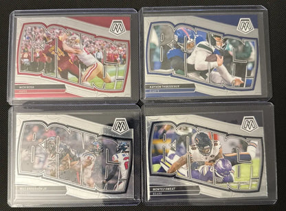 Four Panini Mosaic Football trading cards from the complete set featuring Parsons Prizm