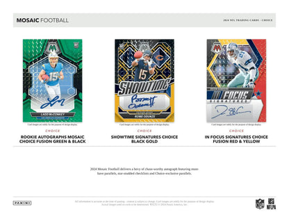 Football trading cards from the 2024 Panini Mosaic Football Choice Box featuring mosaic football and two choice rookies