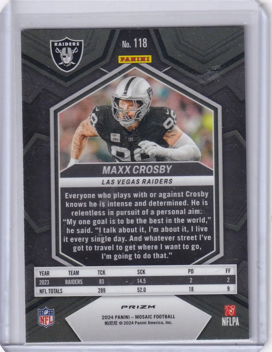 Collectible 2024 Panini Mosaic Green Reactive football card of Maxx Crosby Las Vegas Raiders