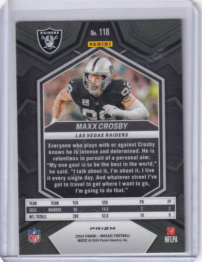 Collectible 2024 Panini Mosaic Green Reactive football card of Maxx Crosby Las Vegas Raiders