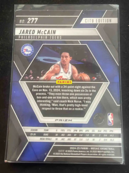 Basketball trading card of Jared McCain Silver Mosaic Jared for 76ers with stats and image