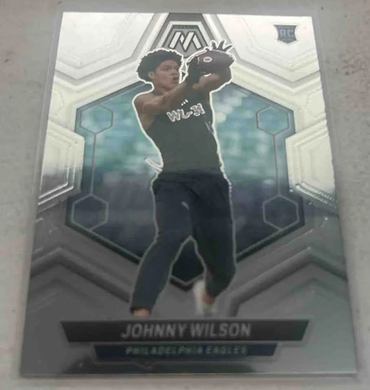 Panini Mosaic Johnny Wilson Silver Prizm football trading card featuring Johnny Wilson Eagles