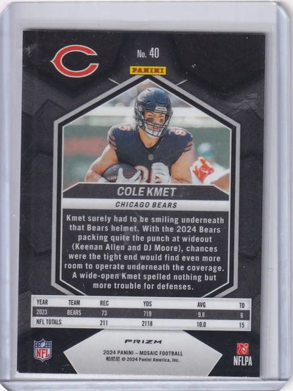 Football trading card of Cole Kmet from Panini Mosaic Prizm Chicago Bears 2024
