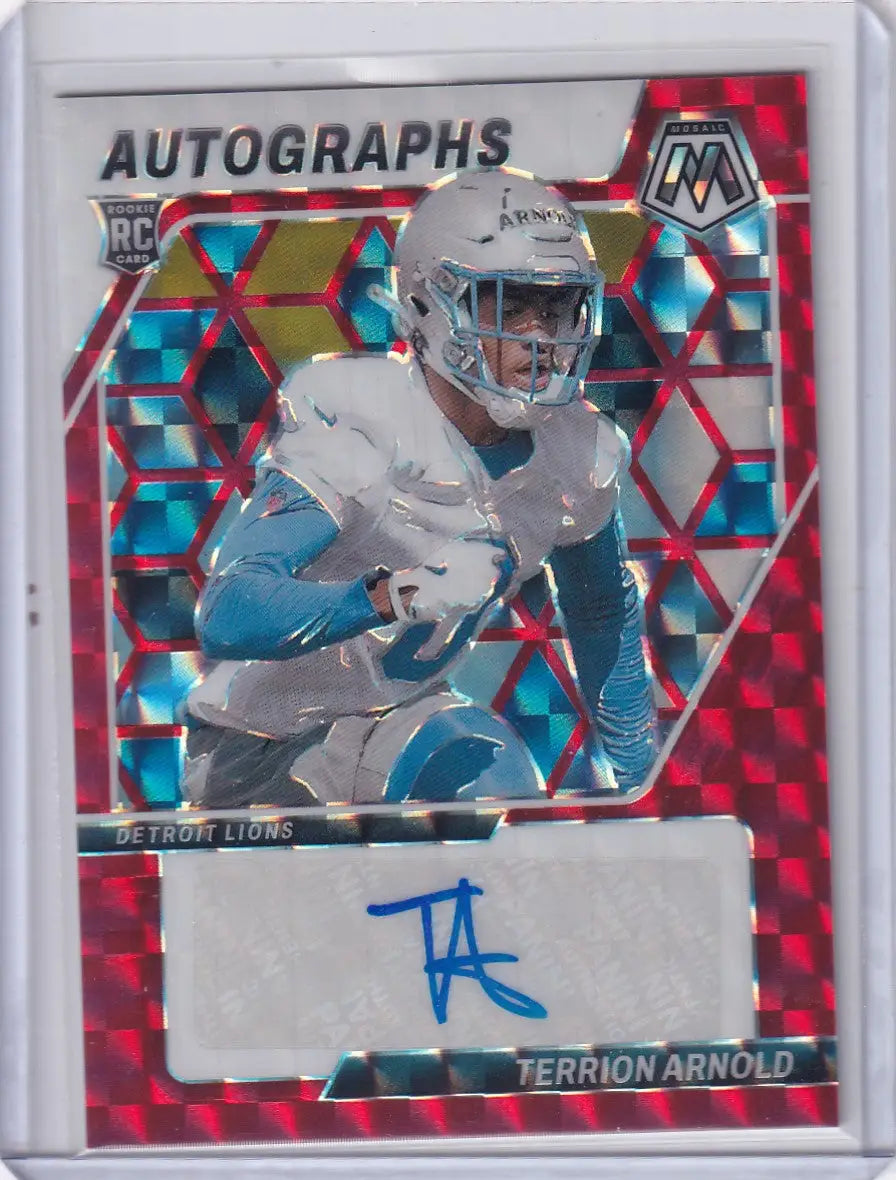 Football trading card with player autograph from 2024 Panini Mosaic Red Prizm Auto series