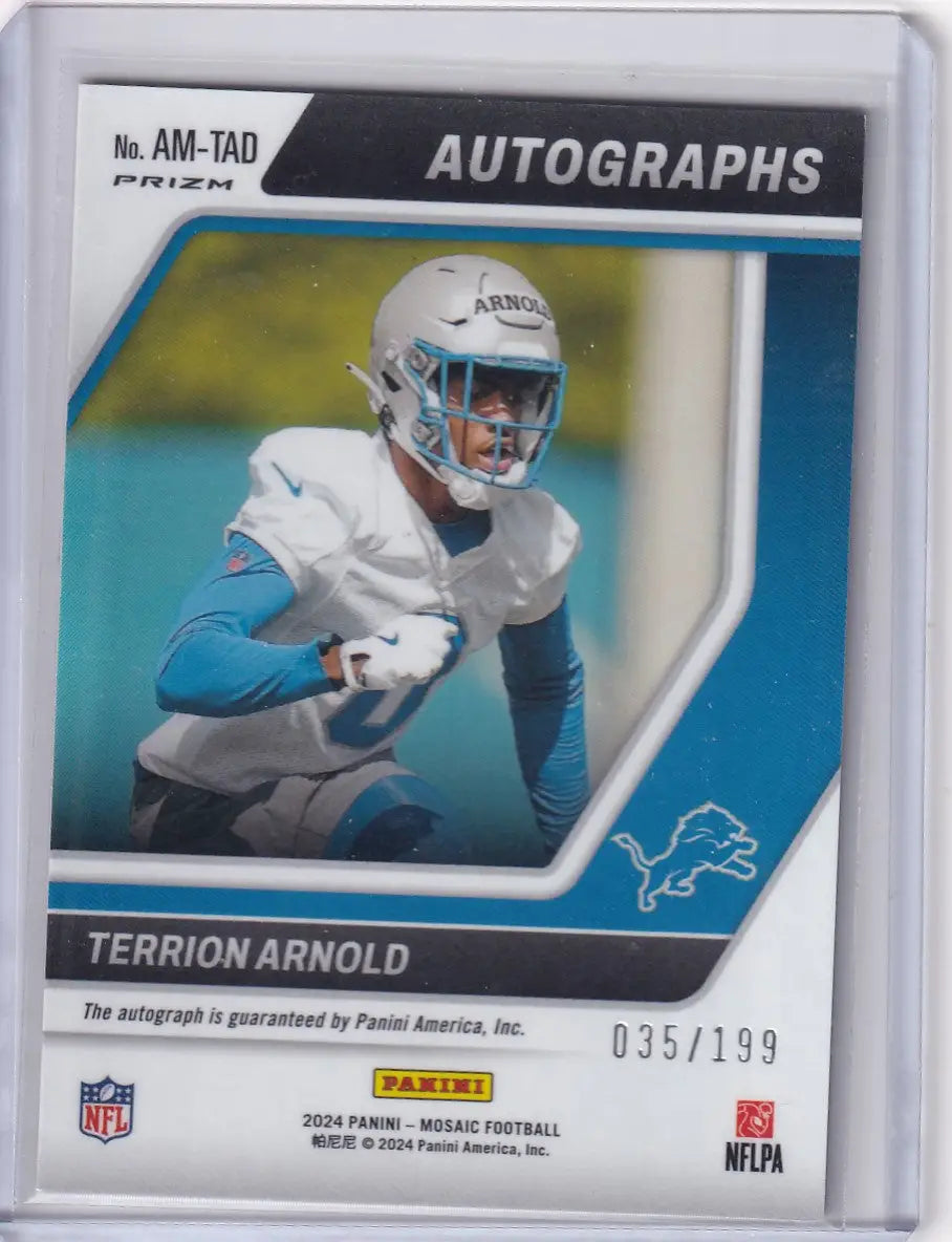 2024 Panini Mosaic Red Prizm Auto Terrion Arnold card numbered 035/199 Detroit Lions
