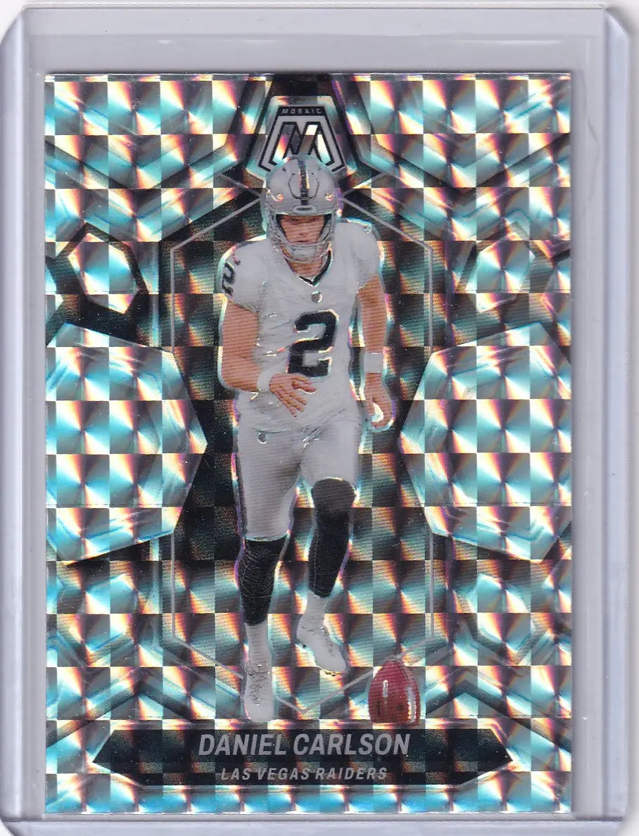 Football trading card of Daniel Carlson in Raiders uniform with holographic design, Panini Mosaic Silver, Las Vegas Raiders