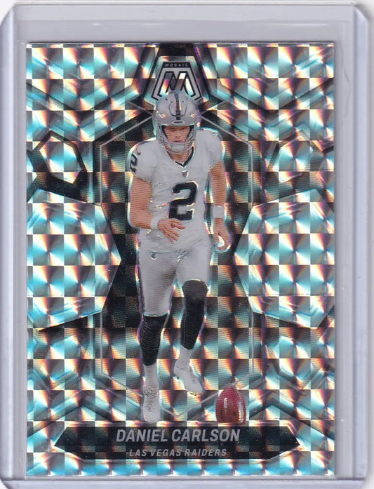 Football trading card of Daniel Carlson in Raiders uniform with holographic design, Panini Mosaic Silver, Las Vegas Raiders