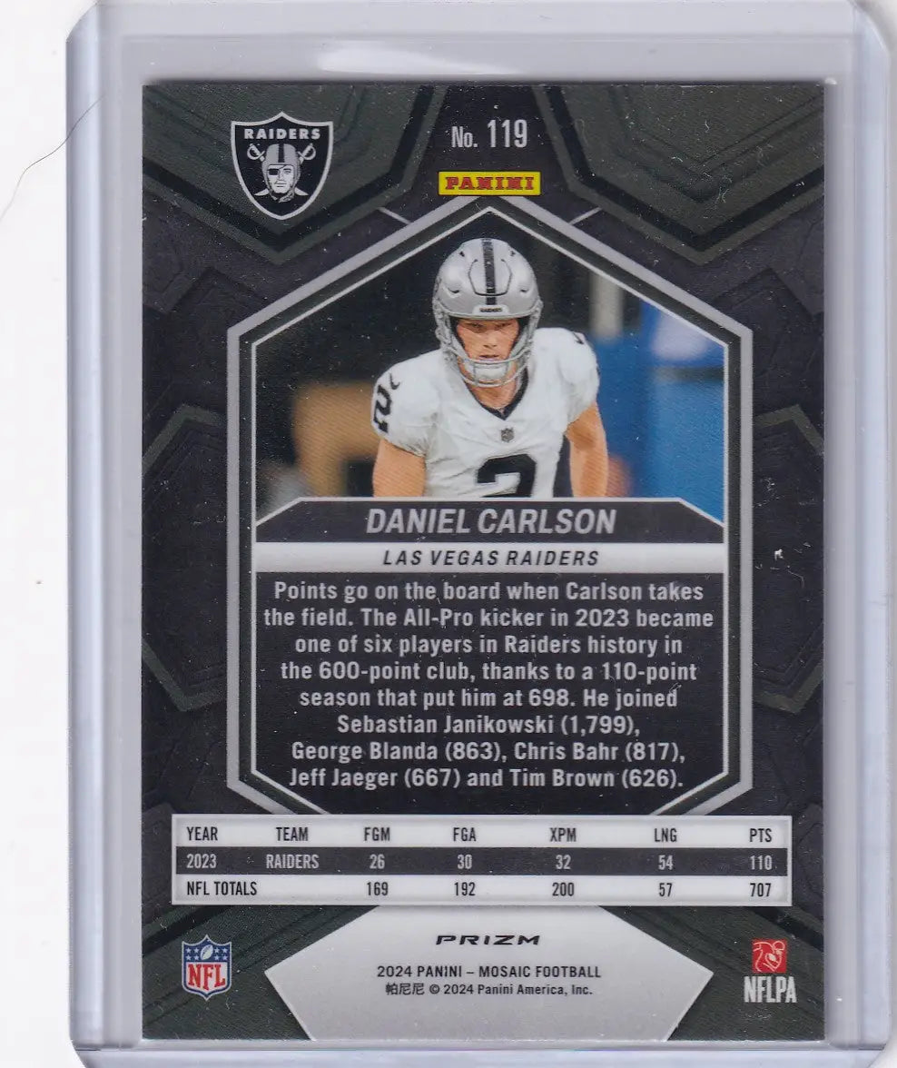 Panini Mosaic Silver football card of Daniel Carlson Las Vegas Raiders team collectible