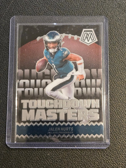 Jalen Hurts Philadelphia Eagles trading card in protective case from 2024 Panini Mosaic Hurts Touchdown Masters