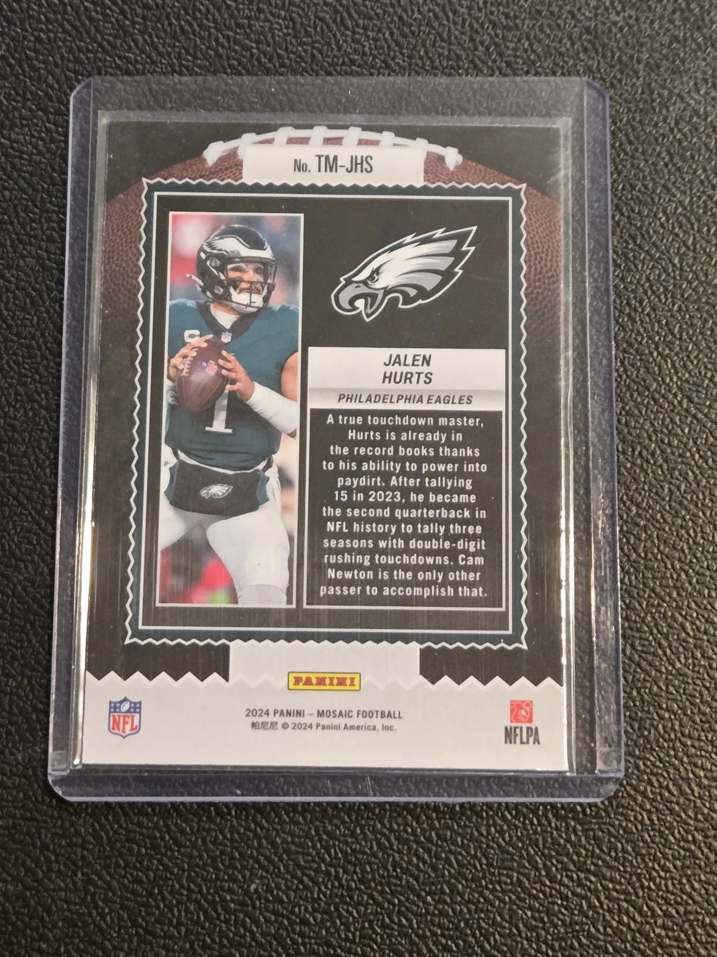 Jalen Hurts Touchdown Masters Mosaic football trading card in protective sleeve