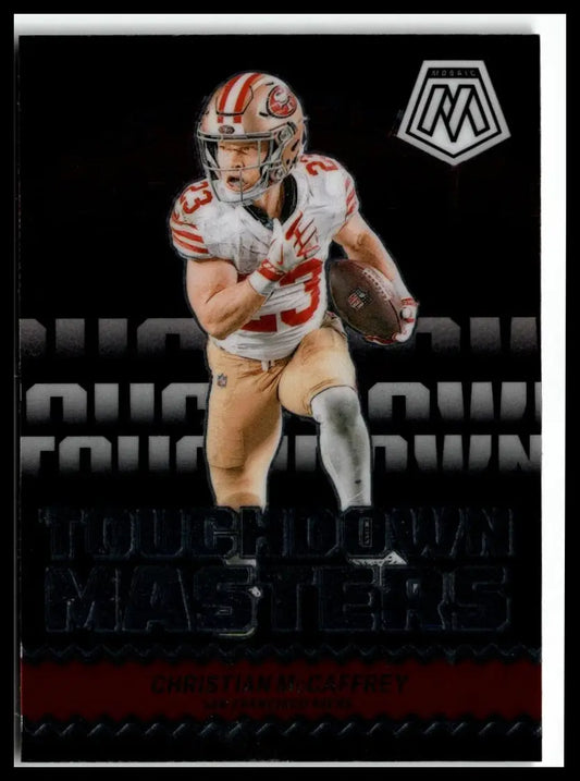 Collectible football trading card featuring Christian McCaffrey from 2024 Panini Mosaic McCaffrey Touchdown Masters